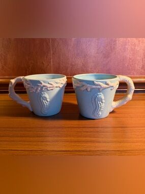Mud Pie Seahorse Coffee Mugs Set of 2 Seafoam Green White Coral Handle Nautical